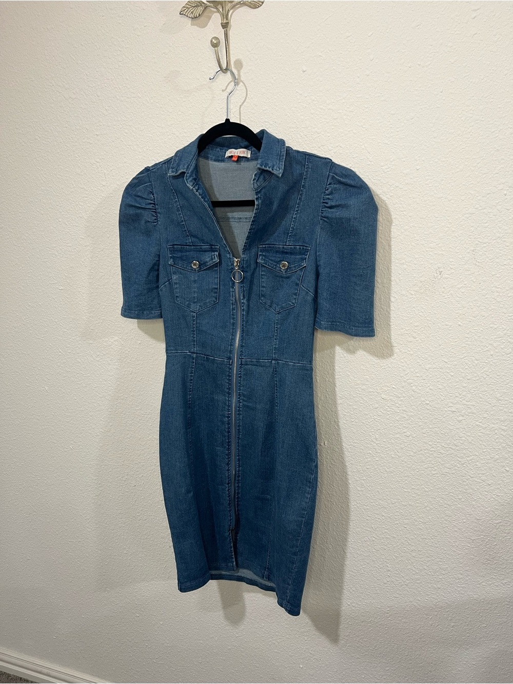 Denim Zip-Front Mini Dress in Blue